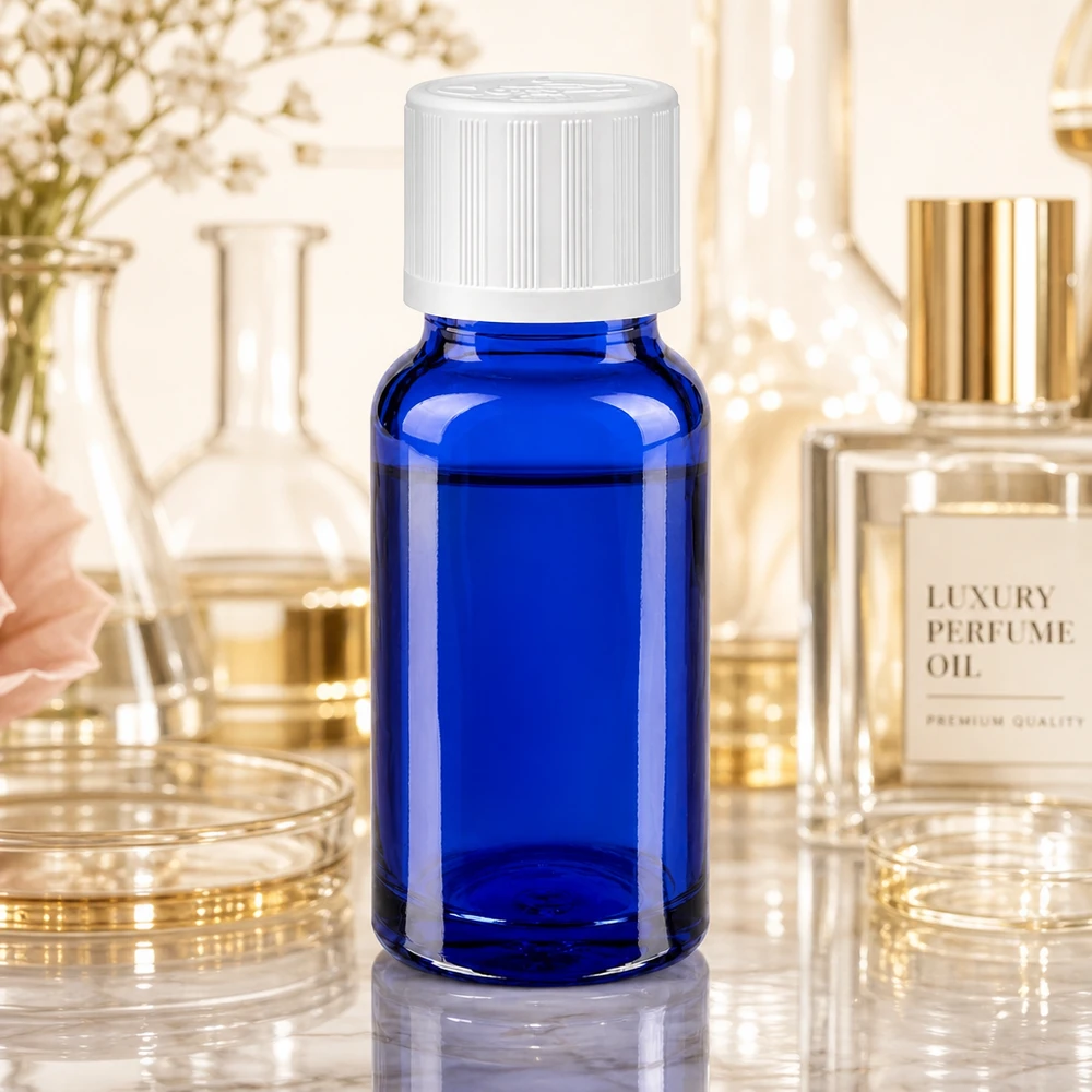 Apothekenflasche blau 10ml Schraubverschluss weiß Kindersicherung Standard Kleine kobaltblaue Glasflasche 10ml mit kindersicherem weißem Verschluss Parfum Setting