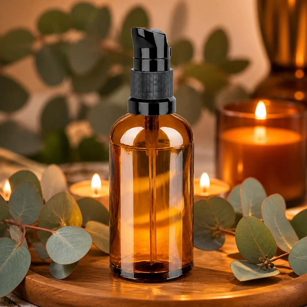 100ml Pumpflasche schwarz Standardverschluss BrownLine UT18/100 Hochwertige 100ml Pumpflasche BrownLine mit UV-Schutz durch getöntes Glas