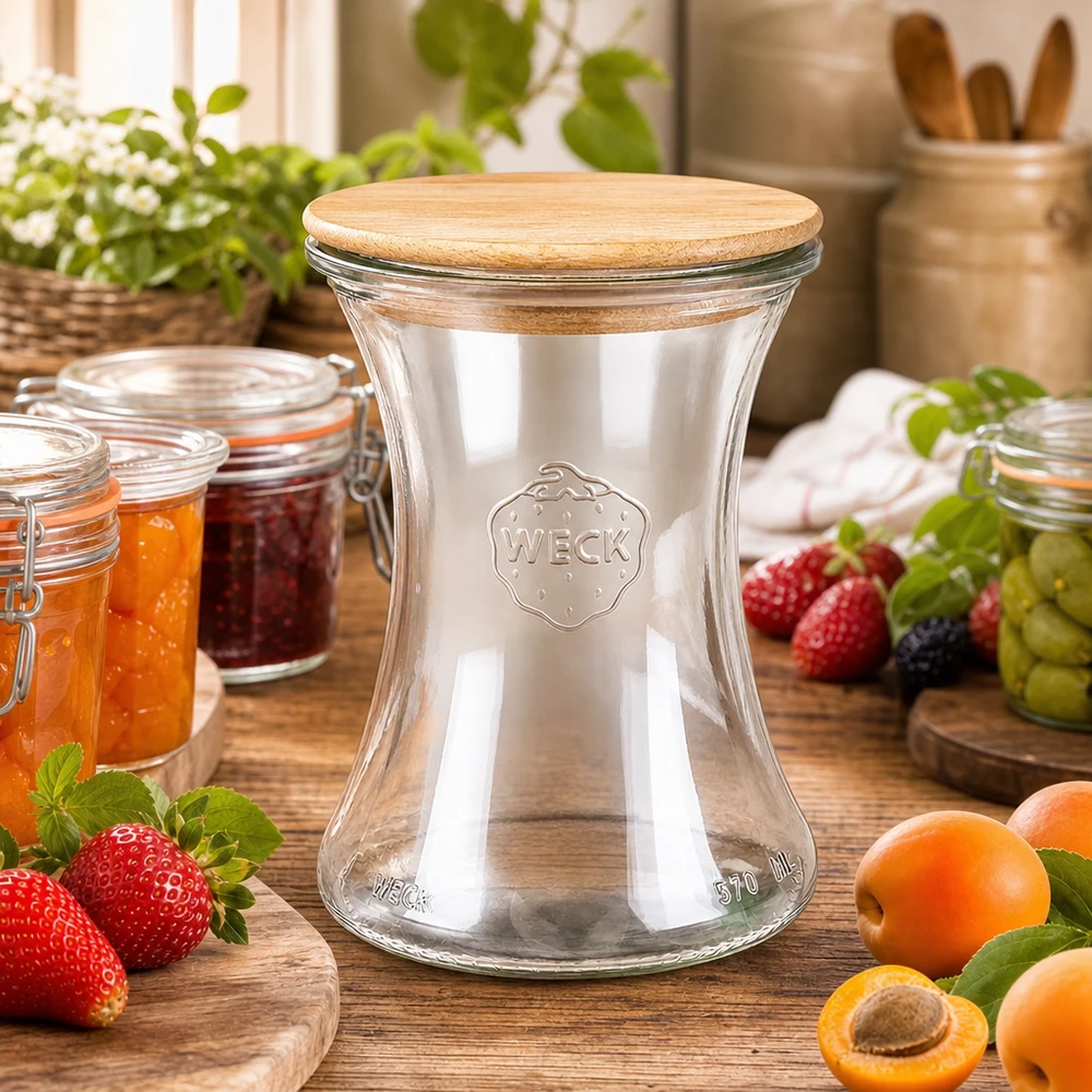 370ml WECK Delikatessenglas RR80 mit Holzdeckel in rustikaler Küche umgeben von frischen Früchten und Marmeladengläsern