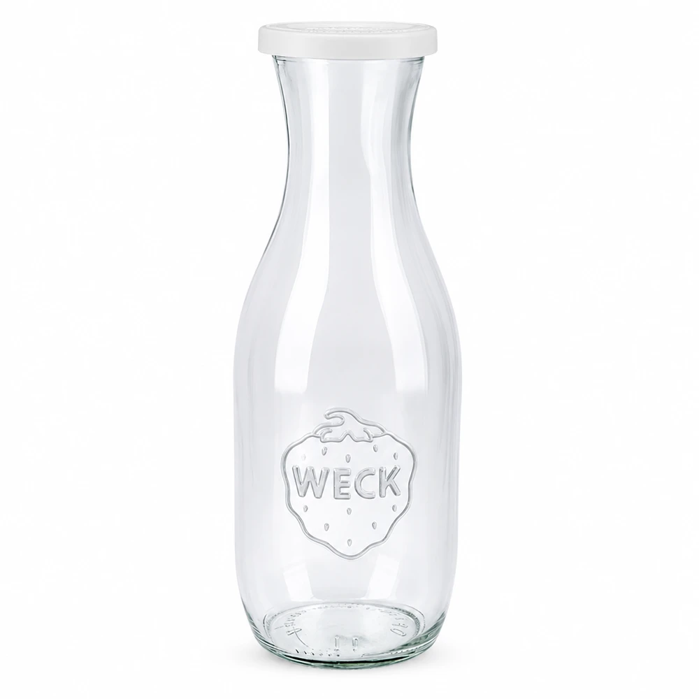 1062ml Saftflasche mit Frischedeckel WECK RR60 WECK Saftflasche 1062ml aus Glas mit weißem Frischedeckel und WECK Logo für Saft und Getränke