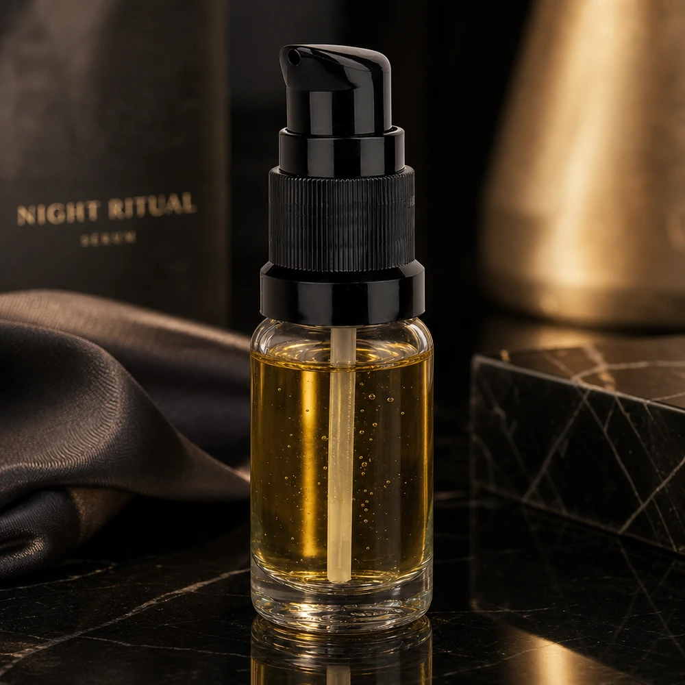 Zylindrische 10ml Glasflasche mit schwarzem Dosierpumpkopf für hochwertige Pflegeseren