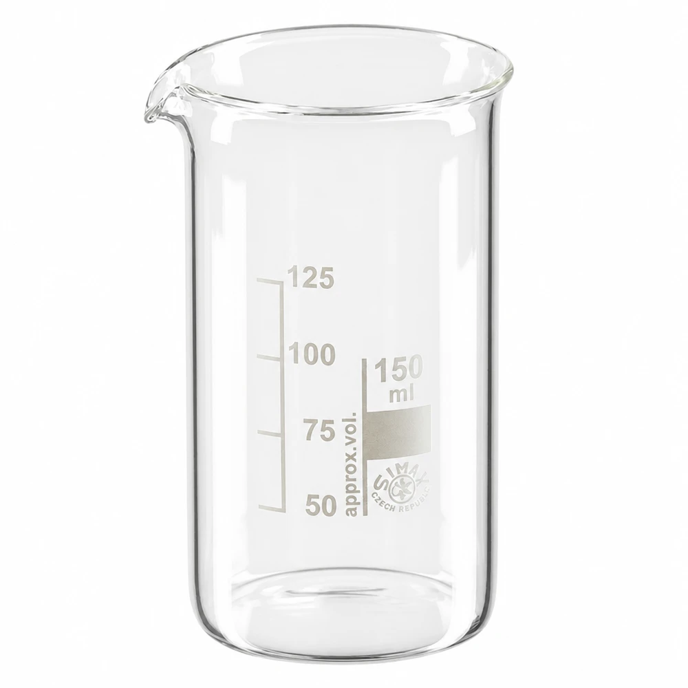 Becherglas 150ml Borosilikatglas, hohe Form Transparentes Messbecherglas 150ml aus Borosilikatglas mit Skalierung 50 bis 125ml