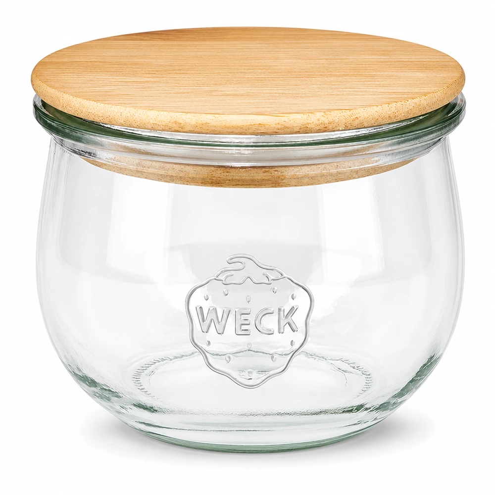 580ml Tulpenglas WECK RR100 mit Holzdeckel WECK Tulpenglas 580ml RR100 mit natürlichem Holzdeckel - Vorratsglas aus klarem Glas mit WECK Logo