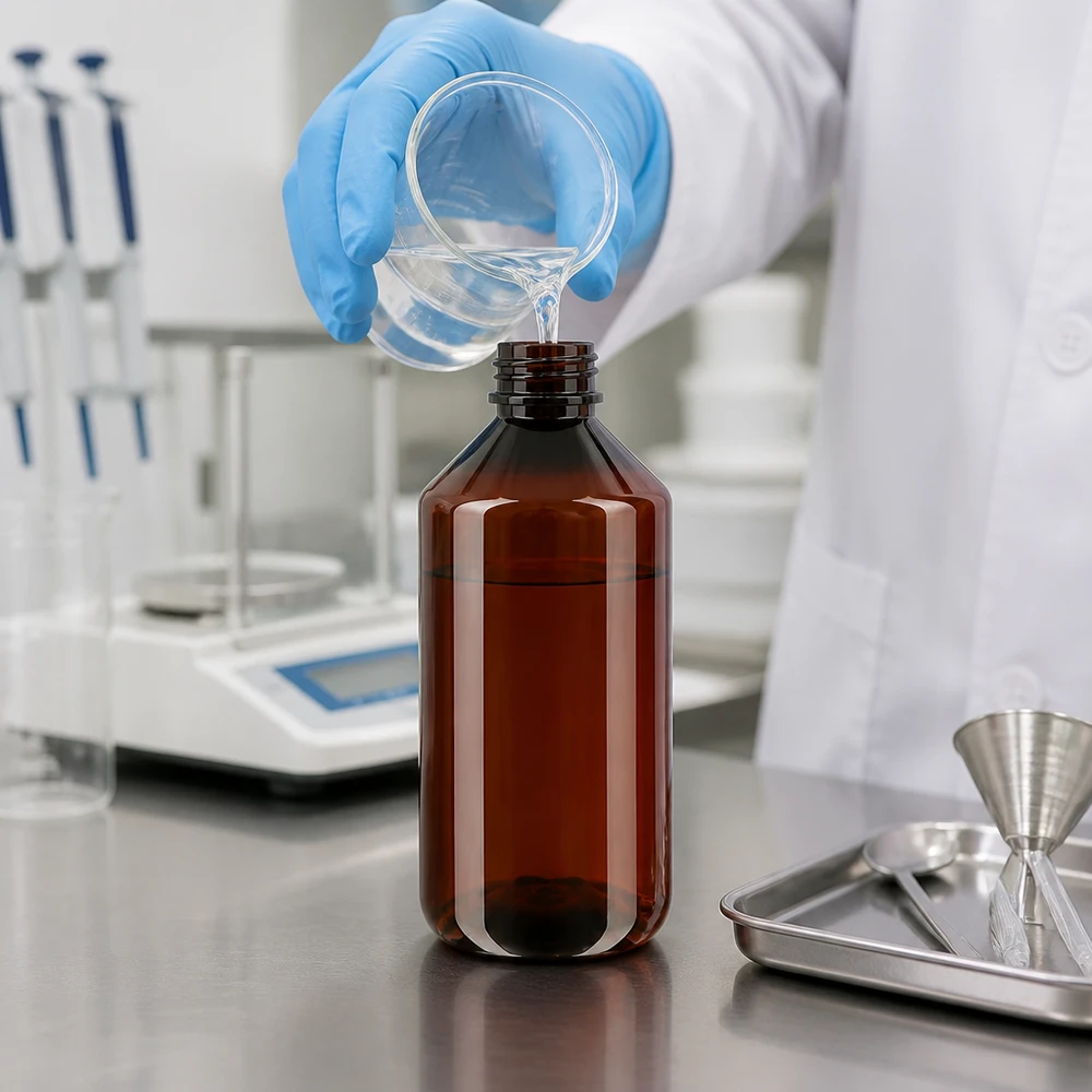 Großformatige braune 750ml PET Laborflasche mit OV beim präzisen Abfüllen von Flüssigkeiten