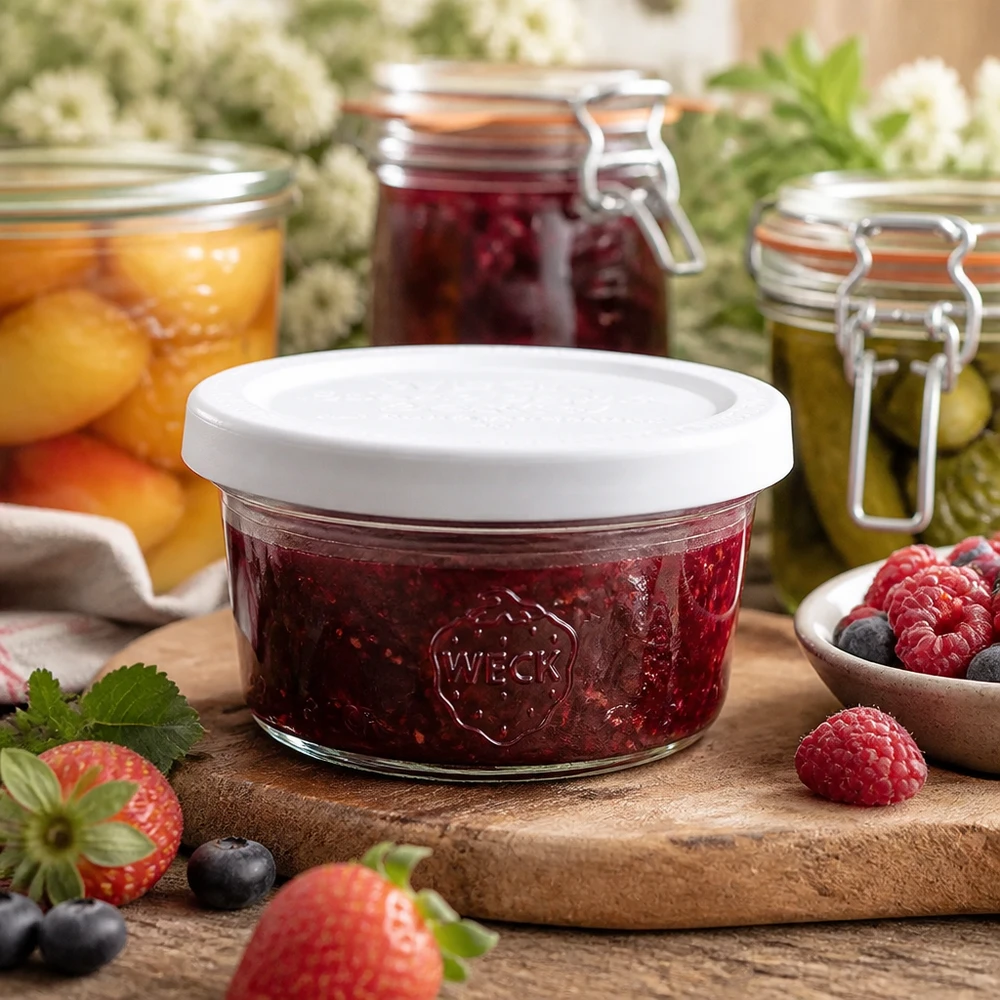 50ml Sturzglas mit Frischedeckel WECK RR60 WECK 50ml Sturzglas RR60 mit Marmelade gefüllt auf Holzbrett umgeben von frischen Beeren und Einmachgläsern