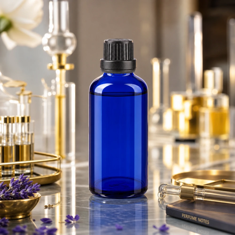 Apothekenflasche blau 50ml Tropfverschluss Giessring 2mm schwarz Originalitätsverschluss Blaue 50ml Dosierflasche mit schwarzem OV-Tropfeinsatz auf Marmor neben Parfümnotizen und Pipette