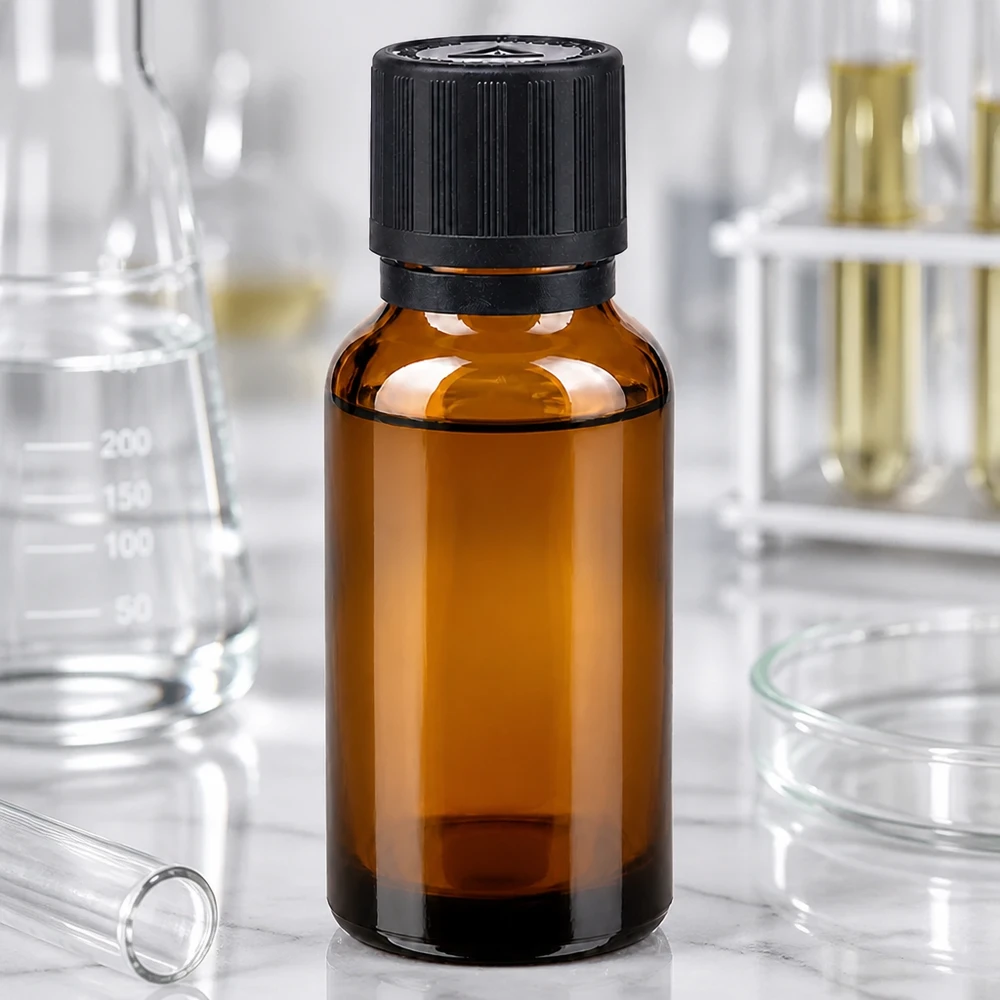 Pharmazeutische Braunglasflasche mit 1mm Tropfeinsatz und Kindersicherung auf Marmoruntergrund