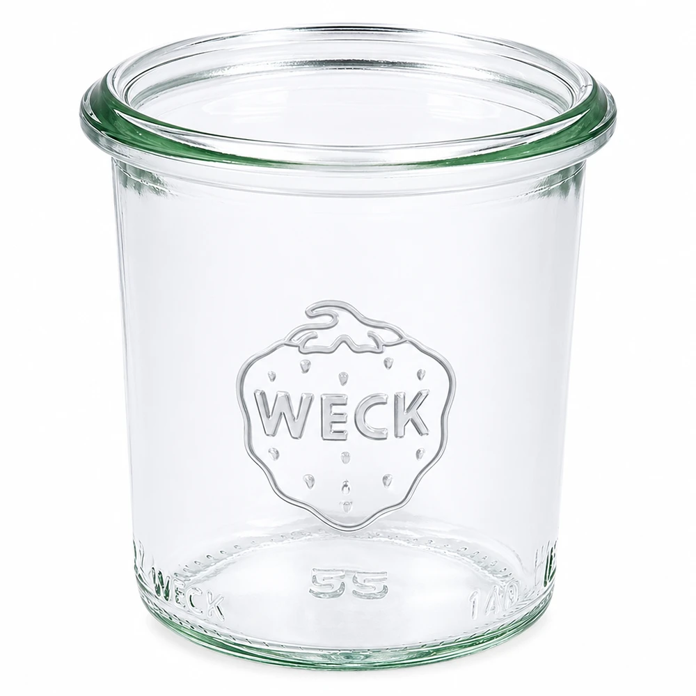 140ml Sturzglas WECK RR60 140ml WECK Sturzglas RR60 aus klarem Glas mit WECK Logo und grünem Dichtungsring für Einmachen