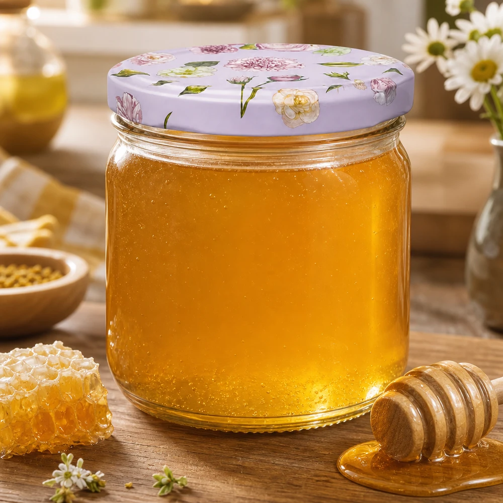 425ml Rundglas mit rosa Blumendeckel gefüllt mit goldgelbem Honig und Holz-Honiglöffel auf rustikalem Holztisch