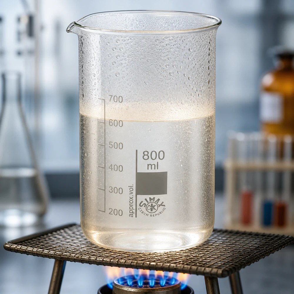 Becherglas 800ml Borosilikatglas, hohe Form Borosilikatglas Becherglas 800ml hohe Form auf Eisendreifuß mit Keramiknetz über Gasflamme