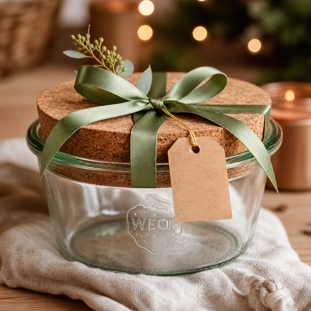 WECK Sturzglas 290ml RR100 mit Korken als Geschenkverpackung mit grüner Schleife und Anhänger dekoriert