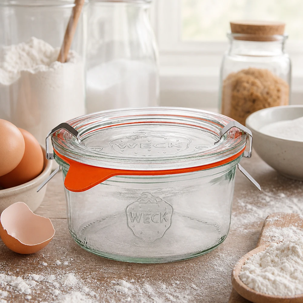 WECK Sturzglas 165ml RR80 in Küche mit Backzutaten, Eiern, Mehl und Milch für hausgemachte Rezepte