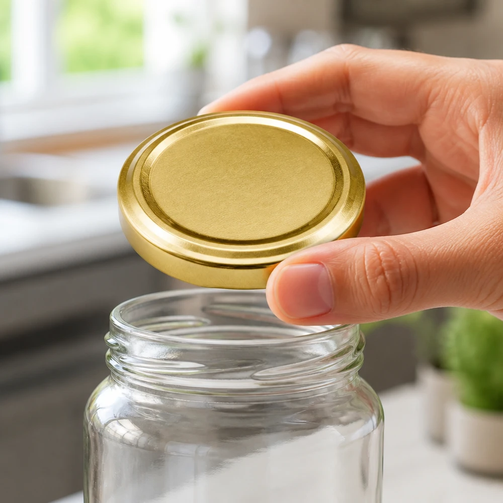 58mm BasicSeal Deckel gold (TO58deep) UNiTWIST Griffige Fingerführung beim Aufsetzen des goldenen 58mm BasicSeal Deckels UNiTWIST