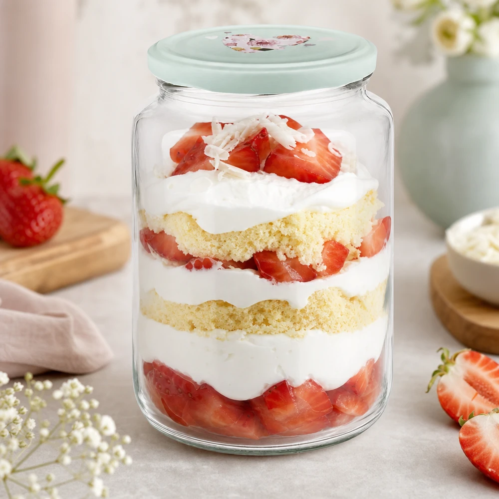 795ml Rundglas mint Herzdeckel mit Erdbeertrifle Dessert im Glas geschichtet Kuchen Sahne Beeren Nachtisch