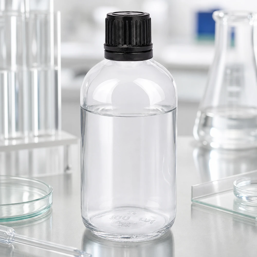 100ml Globuliflasche 3mm Giessring schwarz Standardverschluss ClearLine UT18/1 Pharmazeutische Aufbewahrungsflasche 100ml Globuliflasche mit sicherem Schraubverschluss in professioneller Laborumgebun
