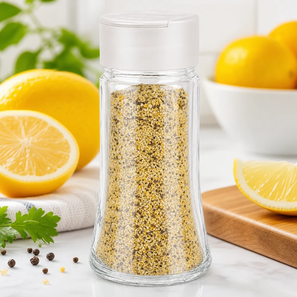 Salz-/Gewürzglas 95ml mit Doppelstreuer weiss Transparentes Gewürzglas 95ml mit gelbem Lemon-Pepper-Salz befüllt weißer Doppelstreuer Nahaufnahme