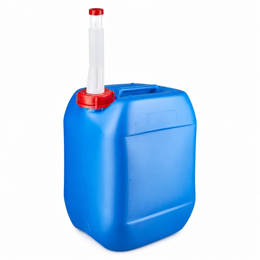 Kanister 10 Liter blau mit Auslaufrohr Flex Kompakter blauer Kunststoffkanister 10 Liter mit flexiblem Einfüllrohr und kindersicherem Deckel