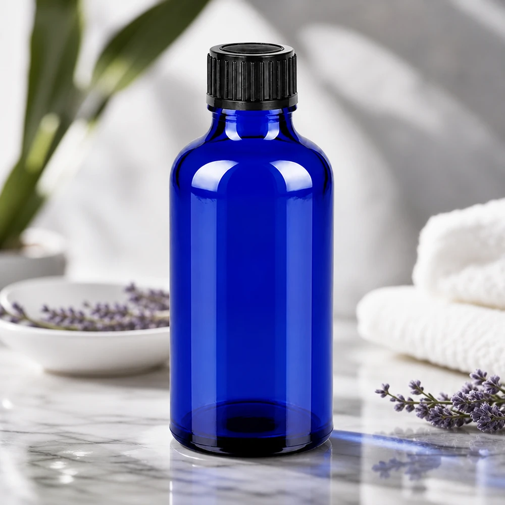 Pharmazeutische 50ml Glasflasche in UV-Filter Blau mit tamper-evident Verschluss für Qualitätssicherung