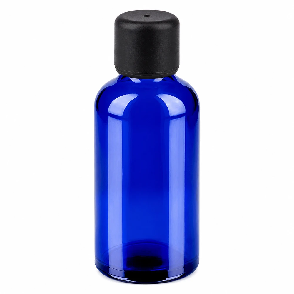 50ml Flasche 6mm Schraubverschluss schwarz Standard BlueLine UT18/50 Kompakte 50ml Flasche in elegantem Blau mit praktischem schwarzen Verschluss