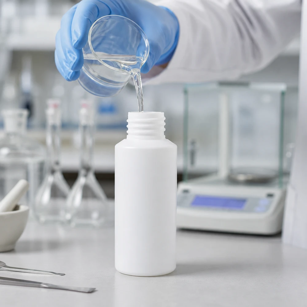 Apothekenflasche HDPE 30ml weiß, ohne Verschluss Präzises Befüllen einer weißen 30ml HDPE Apothekerflasche mit Analysewaage im Hintergrund