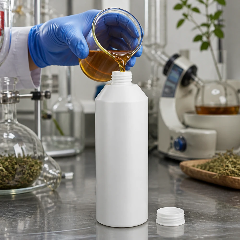 Chemikalienbeständige HDPE Rundflasche 250ml weiß für Pflanzenauszüge und Naturextrakte