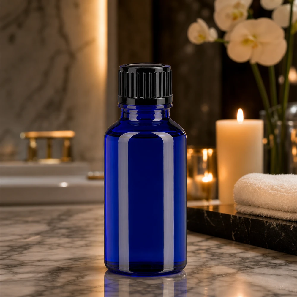 Hochwertige blaue Glasflasche 20ml mit Dosierverschluss für Naturkosmetik und Serum