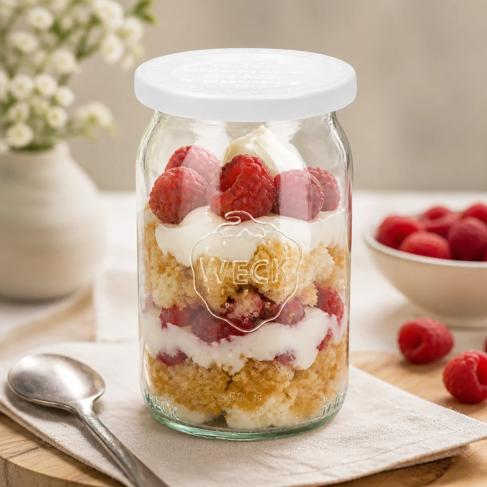 145ml Zylinderglas mit Frischedeck. WECK RR40 WECK RR40 Zylinderglas 145ml mit Schichtdessert aus Himbeeren und Sahne als Frühstücksglas auf hellem Untergrund