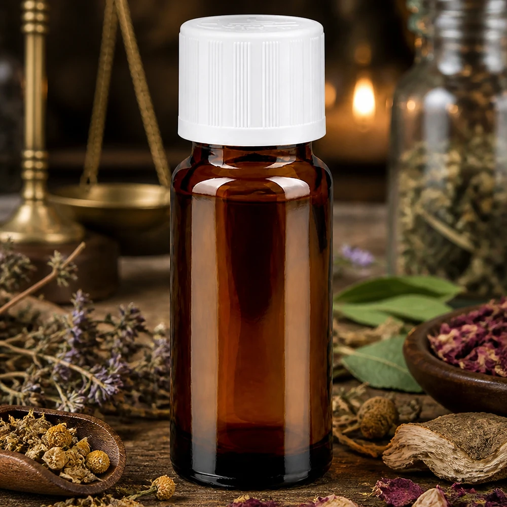 Apothekenflasche braun 10ml Tropfverschluss weiß Kindersicherung Standard Braune Glasflasche 10ml mit weißem Sicherheitsverschluss in apothekentypischer Kräuterumgebung