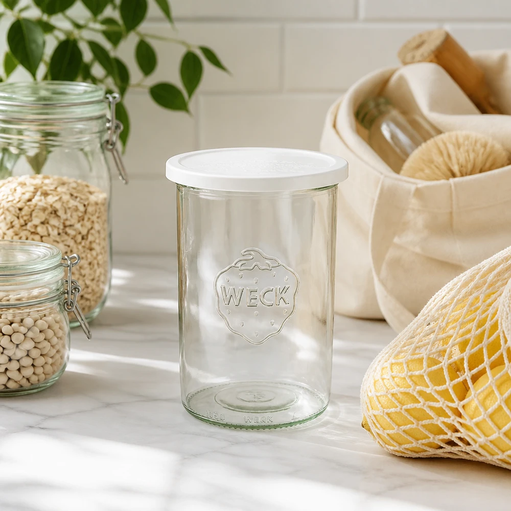 1000ml Sturzglas mit Frischedeckel WECK RR100 WECK Sturzglas 1000ml RR100 in natürlicher Küchenumgebung mit nachhaltigen Aufbewahrungsutensilien und Pflanzen