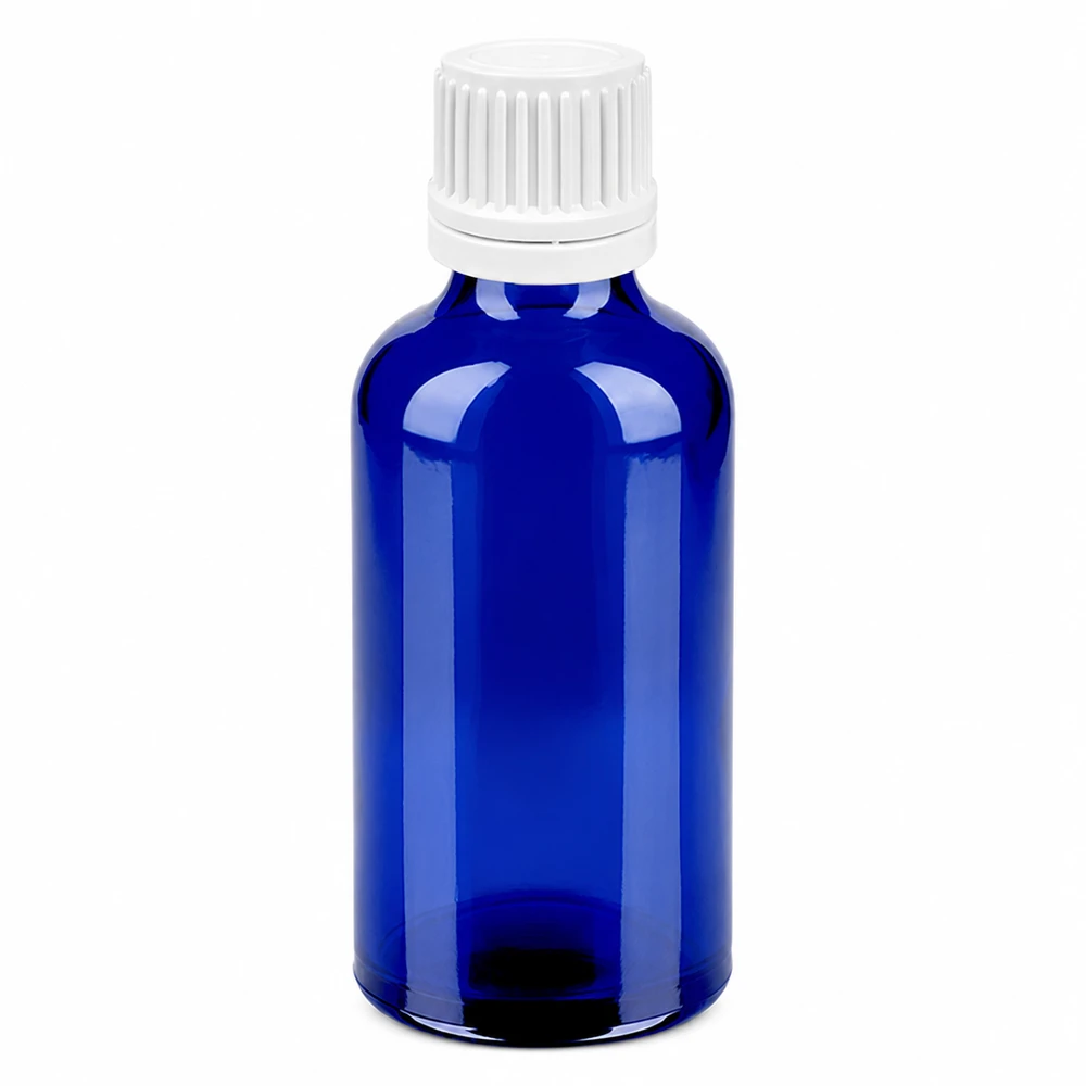 Kobaltblaue Glasflasche 50ml mit weißem Tropfaufsatz 0,7mm für Aromatherapie BlueLine UT18