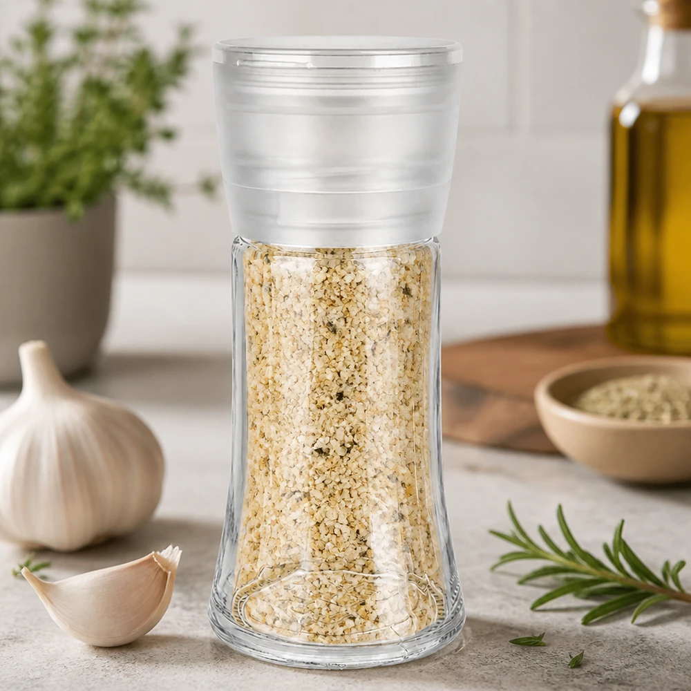 Nachfüllbare Salzmühle 95ml Vario mit grobkörnigem Würzsalz in modernem Küchenambiente
