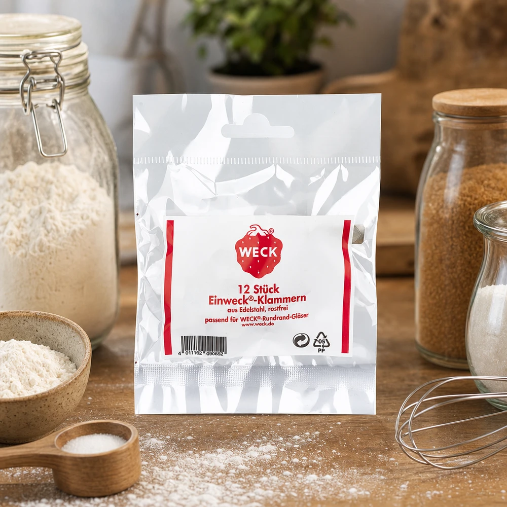 Klammern Original WECK (Pack(s) mit 12 Stück) WECK Klammern Verpackung in natürlicher Küche mit Vorratsgläsern Mehl Gewürzen und Kochutensilien Lifestyle