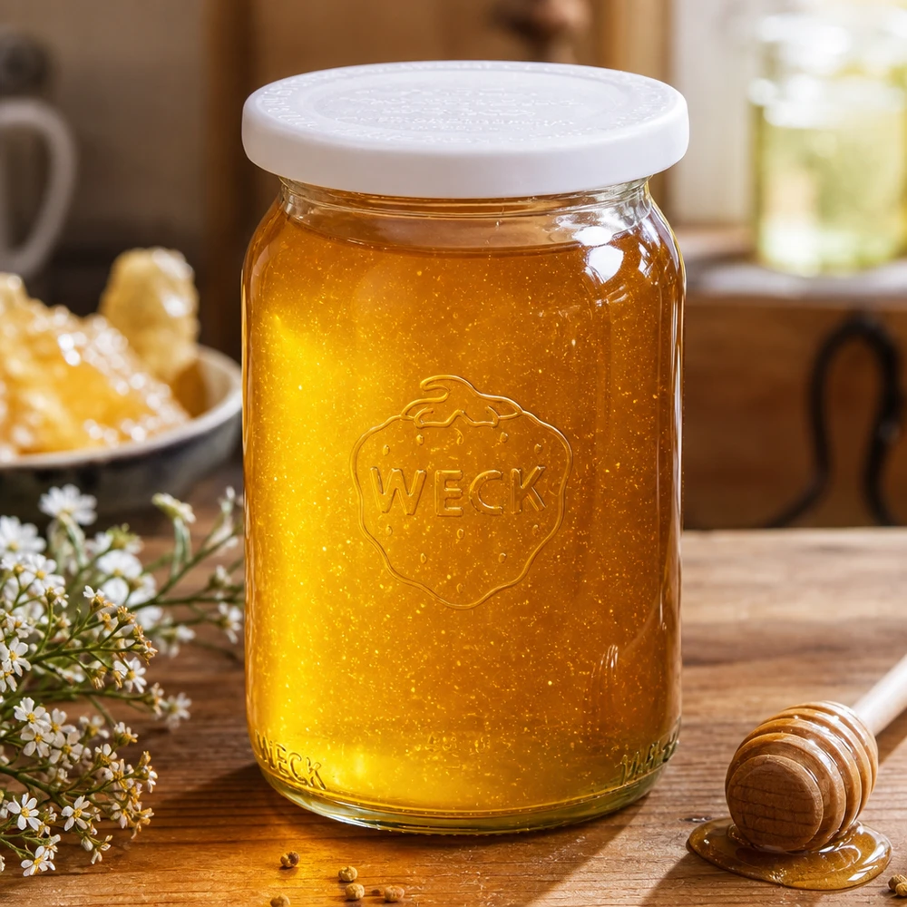 145ml Zylinderglas mit Frischedeck. WECK RR40 WECK Zylinderglas 145ml RR40 mit Honig gefüllt auf Holzbrett mit Honiglöffel und Kamille-Blüten dekoriert