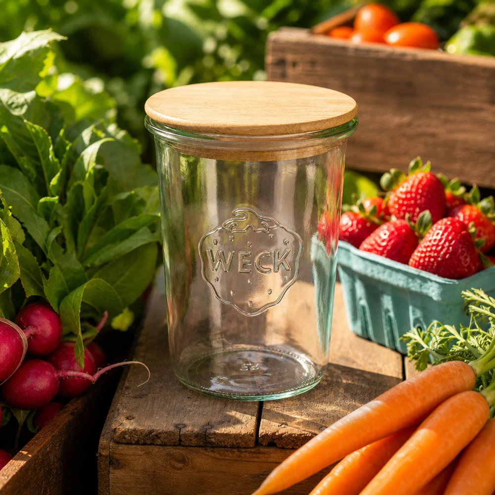 WECK Vorratsglas 850ml RR100 Holzdeckel Gartenszenerie frisches Gemüse Karotten Radieschen Erdbeeren Tomaten