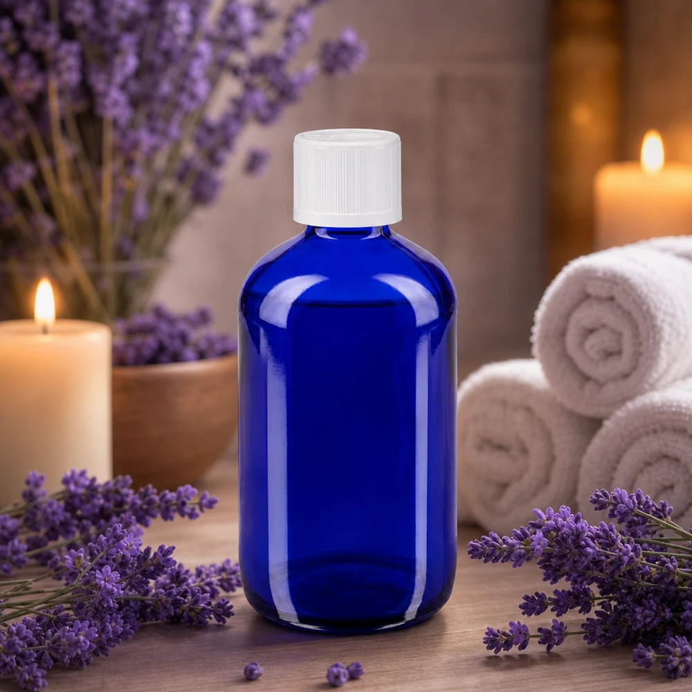 Apothekenflasche blau 100ml Tropfverschluss weiß Kindersicherung Standard Dunkelblaue 100ml Dropper-Flasche aus Apothekerglas mit UV-Schutz für Naturkosmetik