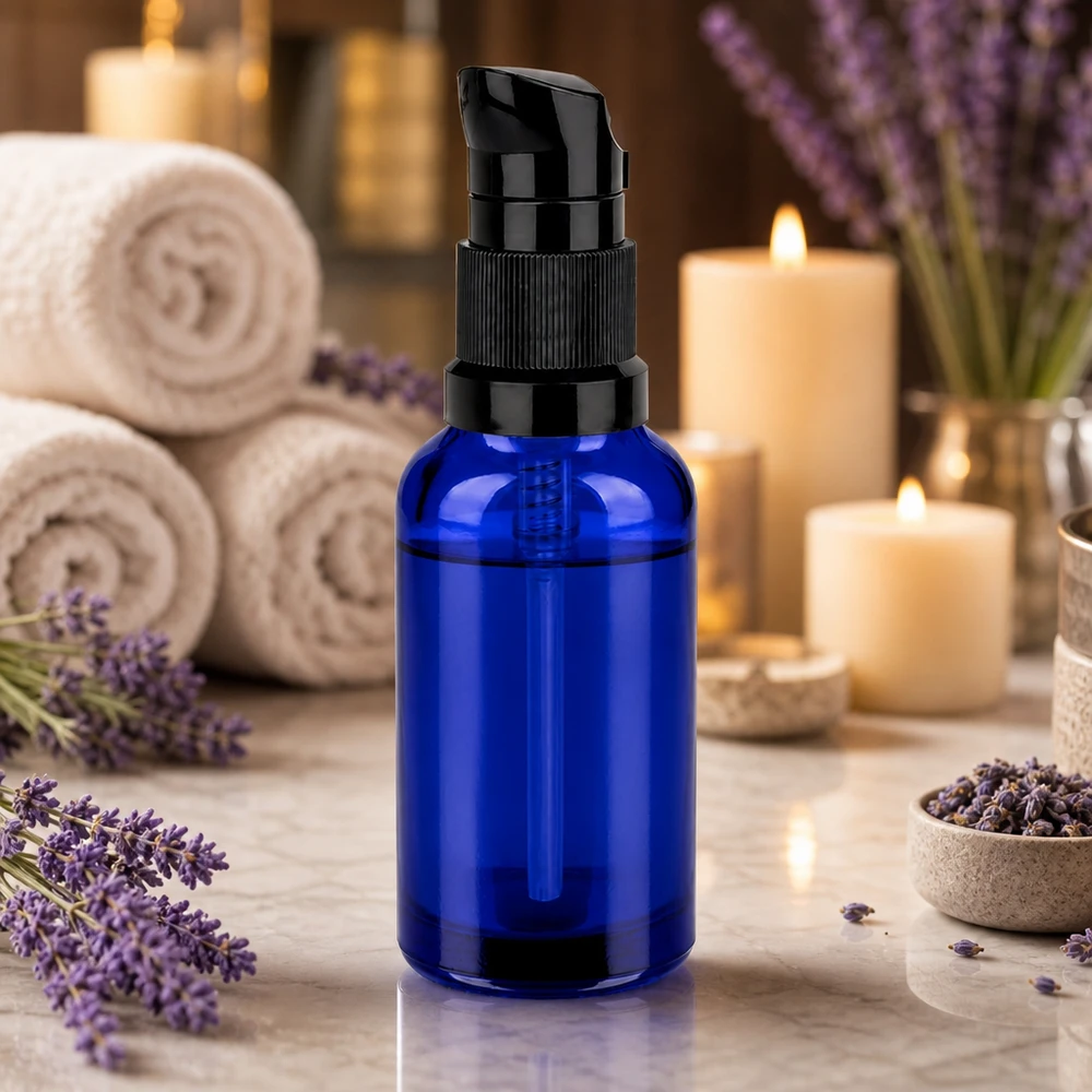 30ml Pumpflasche schwarz Standardverschluss BlueLine UT18/30 Blaue STD BlueLine Flasche 30ml mit schwarzem Dispenser für präzise Produktabgabe