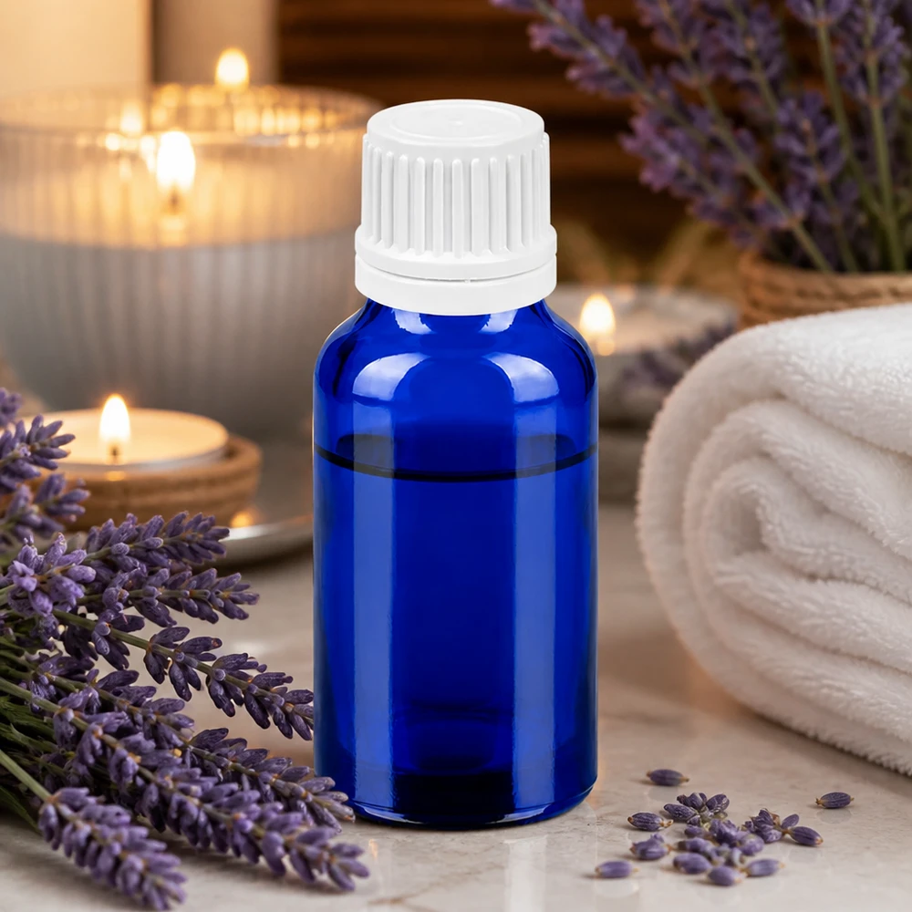 20ml Flasche aus lichtschützendem blauen Glas mit auslaufsicherem weißem Verschlusssystem