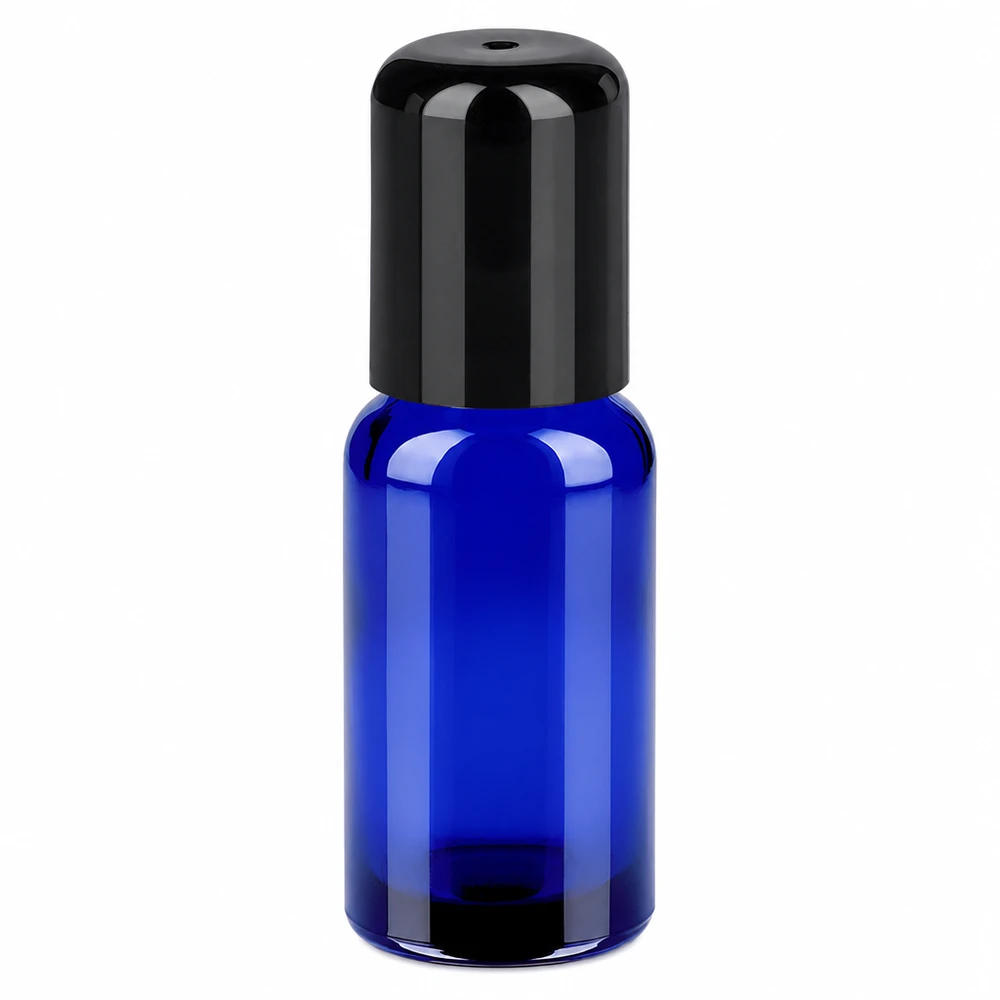 20ml Roll-On Flasche schwarz Standardverschluss BlueLine UT18/20 Kompakte Roll-On Flasche 20ml blaues Glas schwarzer Kopf ideal für unterwegs