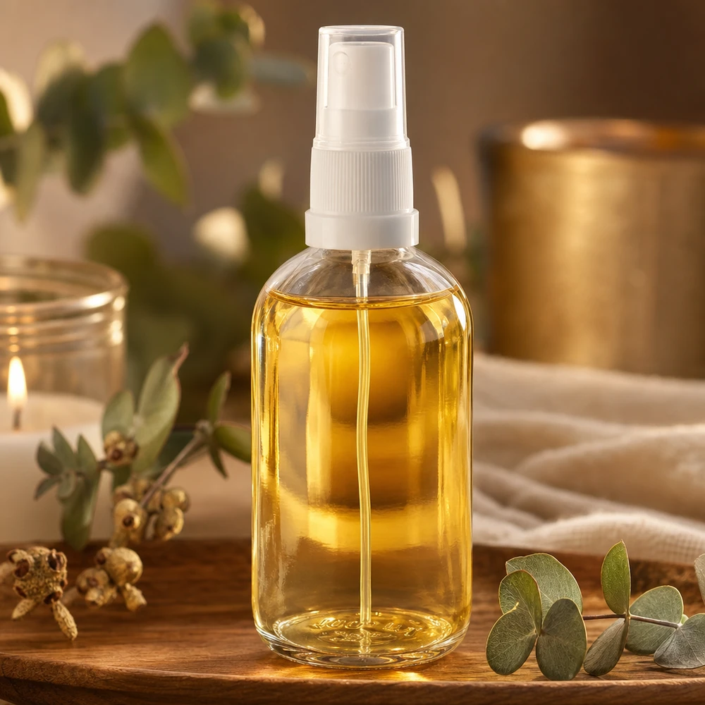 100ml Sprayflasche weiß/transparent Standardverschluss ClearLine UT18/100 100ml Flakon ClearLine UT18 mit weißem Sprühkopf befüllt goldgelbes Pflegeöl Spa Setting