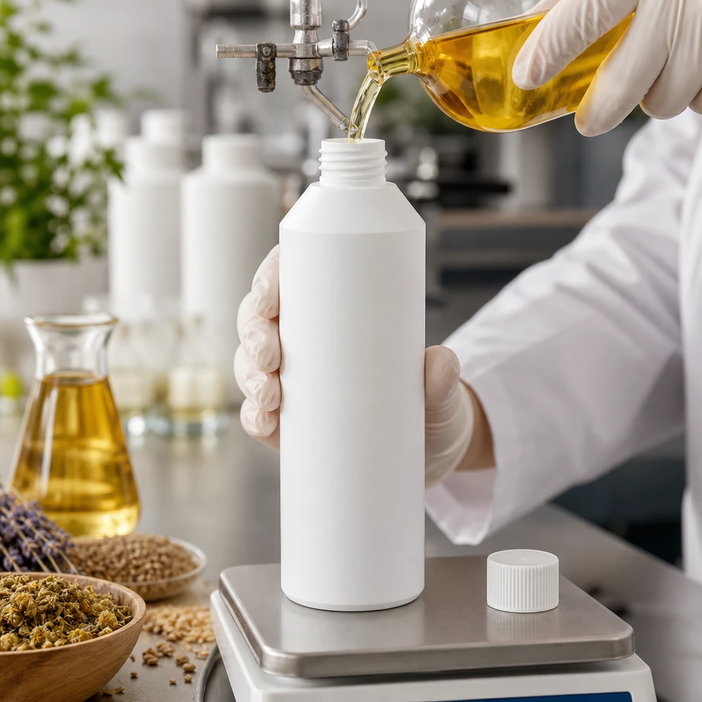 Weiße 250ml HDPE Apothekerflasche mit SV auf Waage umgeben von Kräutern und Naturölen