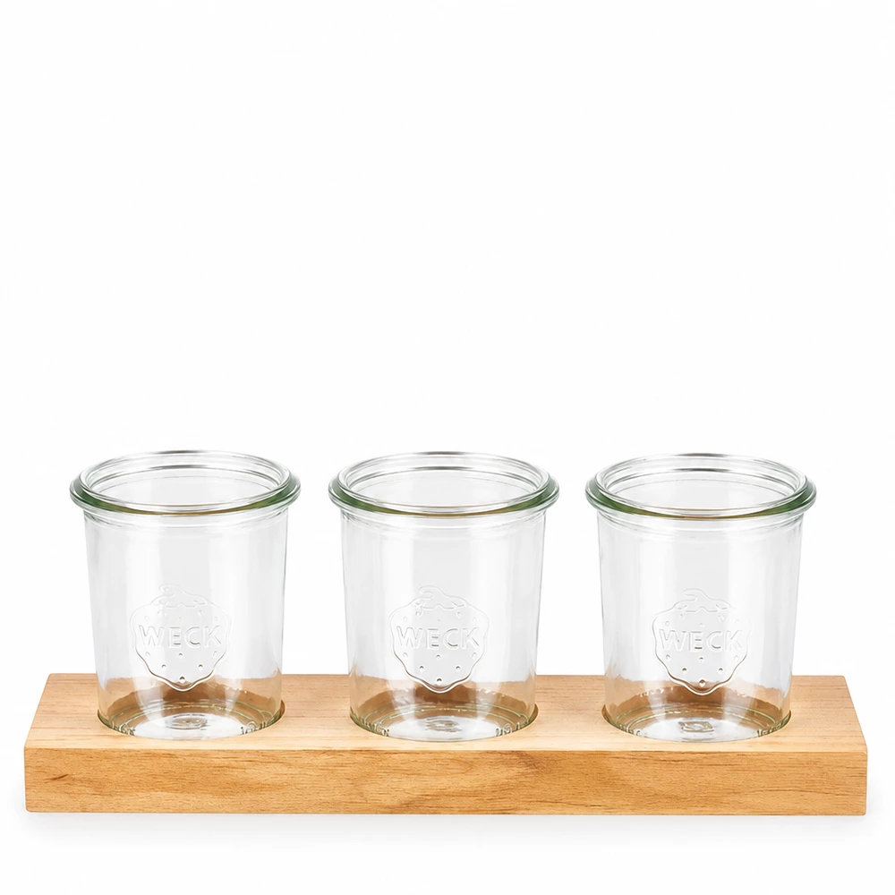 Servierbrett Plano3 mit 3 Weck Sturzgläsern 160ml Servierbrett Plano3 aus Holz mit drei Weck Sturzgläsern 160ml für Dips Gewürze und Snacks