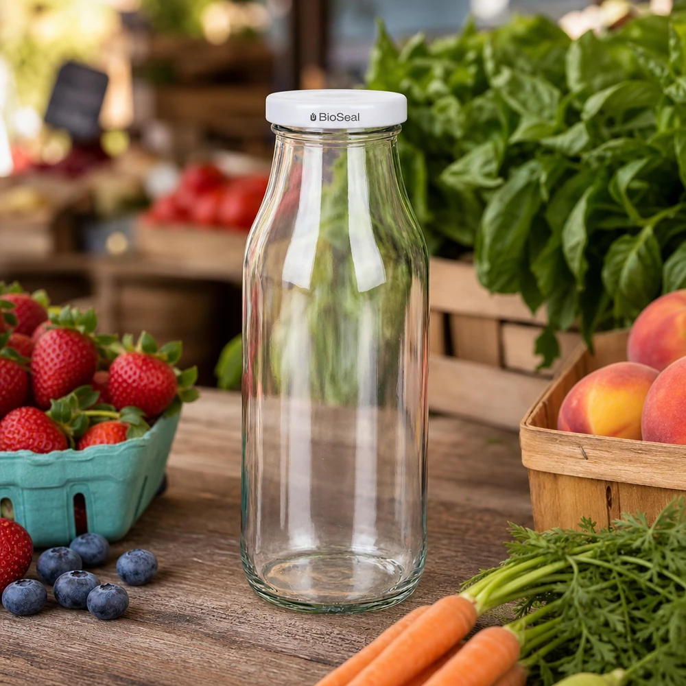 263ml Flasche mit BioSeal Deckel weiß UNiTWIST UNiTWIST Bottle263 Glasflasche leer zwischen frischem Obst und Gemüse auf Holztisch in natürlicher Küchenszene