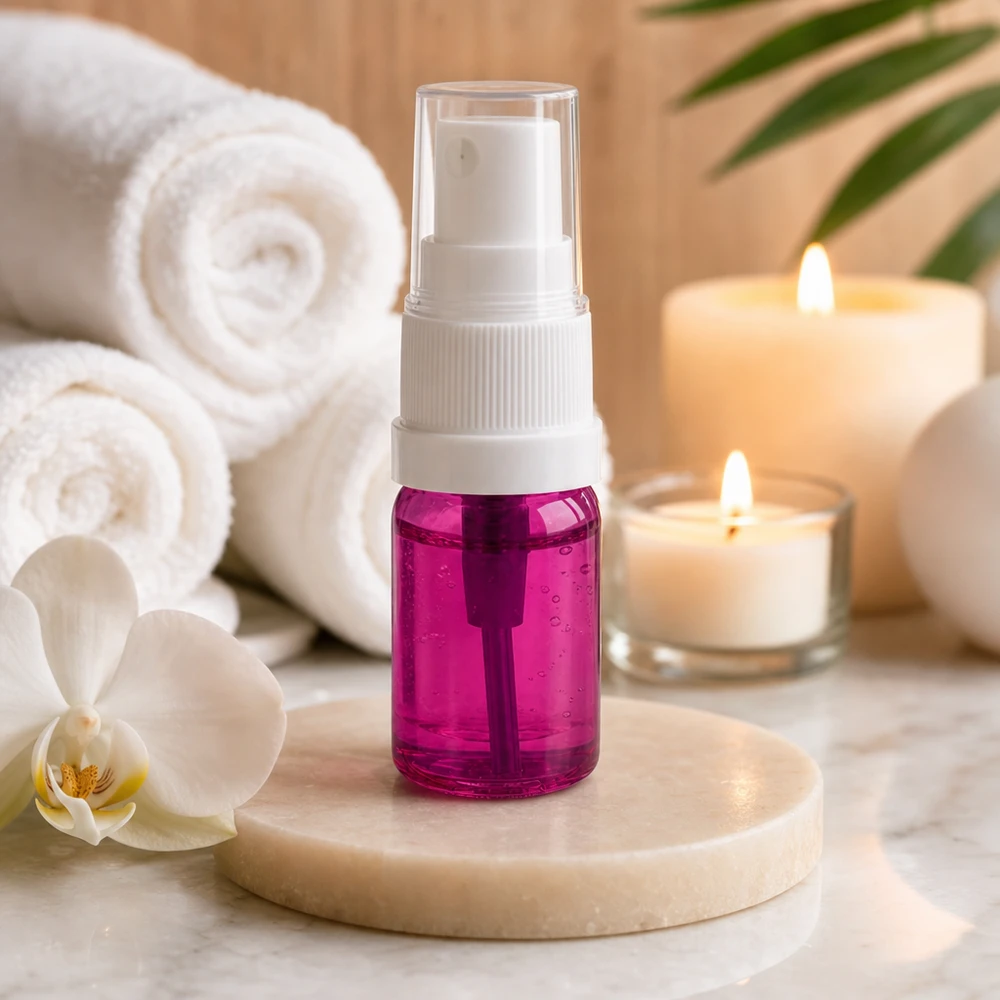 5ml Sprayflasche weiss/transparent Standard PurpleLine UT18/5 Hygienische 5ml Sprayflasche mit weißem Zerstäuber in violett für sterile Flüssigkeitsanwendung