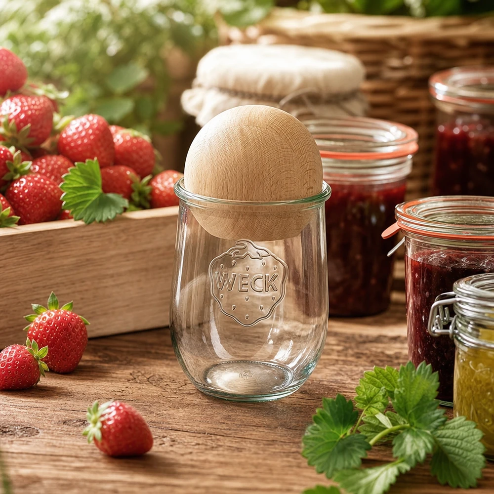 WECK Einmachglas 1062ml RR100 mit Holzdeckel beim Einkochen von Erdbeermarmelade in rustikaler Küche