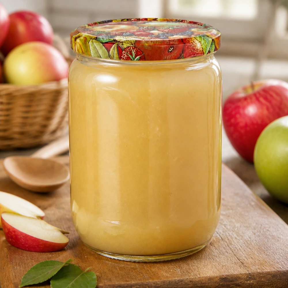 Großes 555ml UNiTWIST Rundglas mit Obstdekor Deckel neben Apfelscheiben und Holzlöffel
