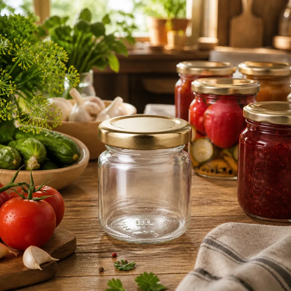 Kleines Konservenglas 53ml in herbstlicher Einmachküche mit Frischgemüse und Kräutern