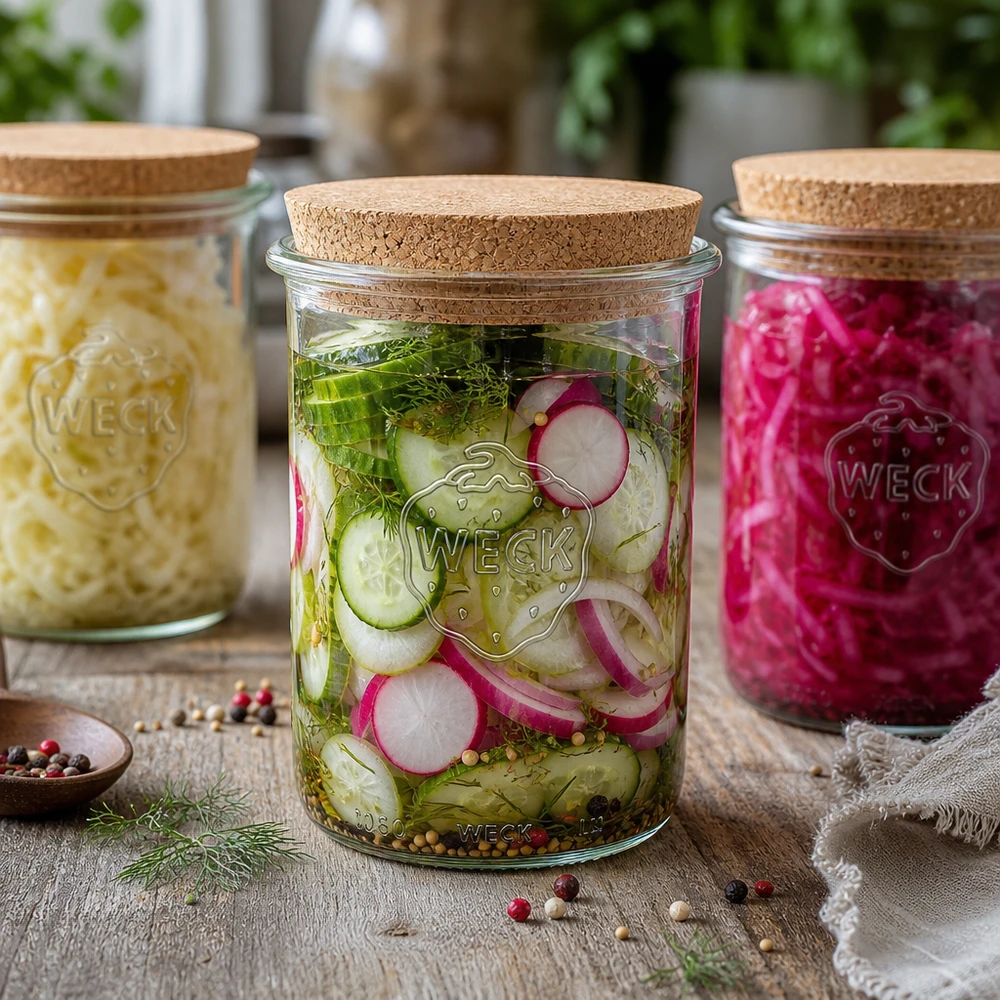 WECK Sturzglas 1000ml RR100 mit Korkdeckel Einmachgläser Set eingelegte Gurken Sauerkraut Radieschen Vorratsgläser
