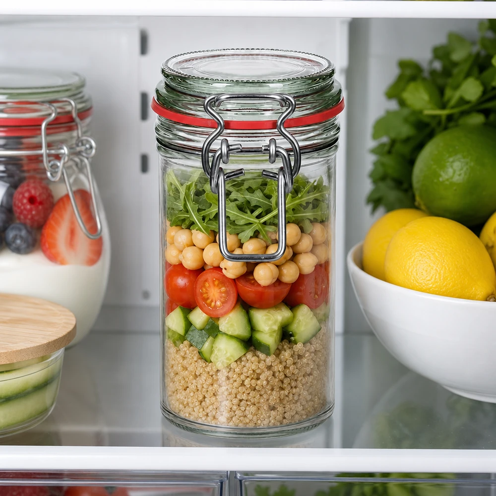 272ml Vorratsglas Typ G mit Bügelverschluss UN.. 272ml Vorratsglas mit Bügelverschluss gefüllt mit Salat-Zutaten im Kühlschrank - perfekt für Meal Prep und frische Aufbe