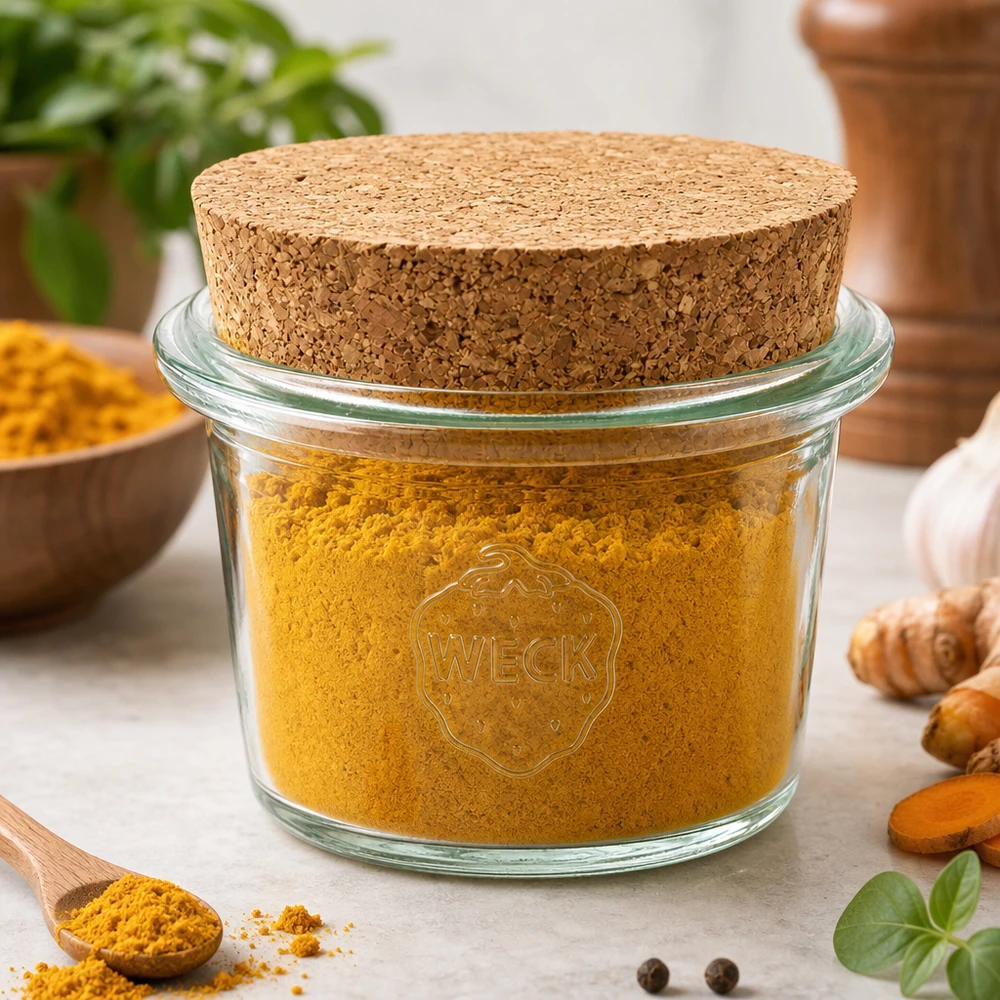 35ml Sturzglas WECK RR40 mit Korken natur WECK Sturzglas RR40 35ml mit Korken gefüllt mit Kurkuma Gewürzpulver umgeben von frischen Gewürzen und Kräutern