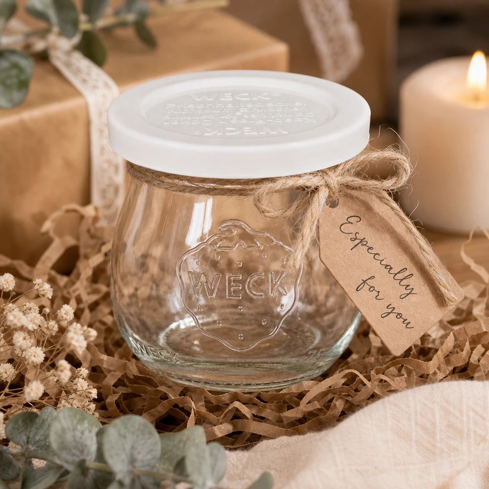 75ml Tulpenglas mit Frischedeckel WECK RR40 WECK Tulpenglas 75ml RR40 als Geschenk dekorativ verpackt mit Kraftpapier-Anhänger und Juteband auf Holz